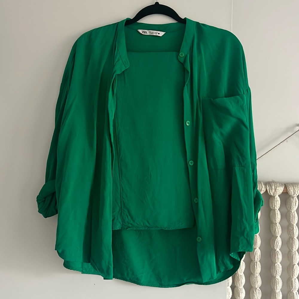 Zara Green Button-Up blouse and pants set